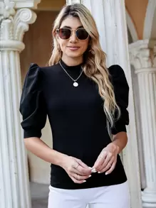 SHEIN Clasi Parte superior de punto acanalado de manga sólida, moda sencilla para uso diario - Negro - Ver 4