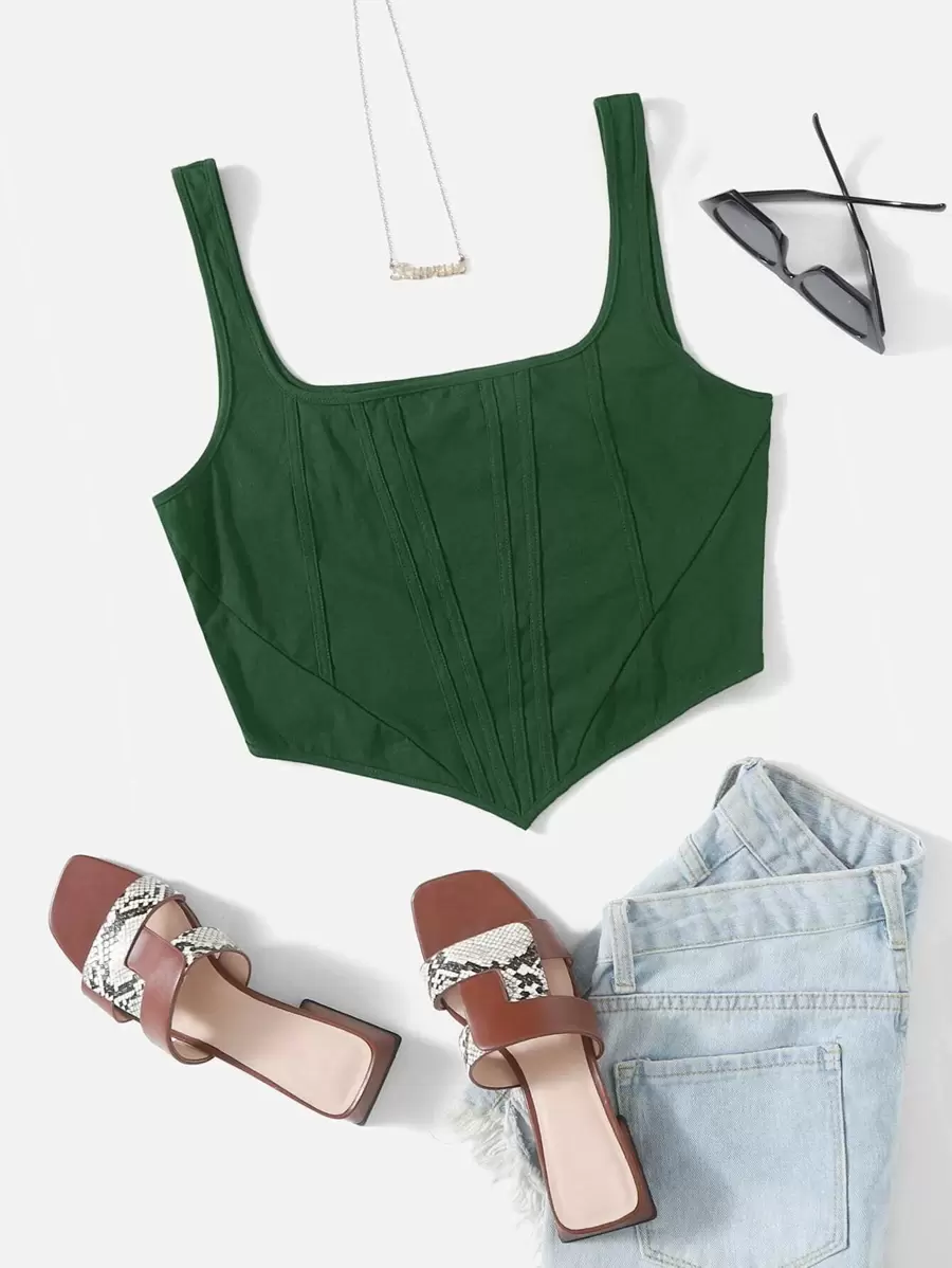 SHEIN EZwear 大碼不對稱下擺短款背心 - 墨綠色 - 查看 1