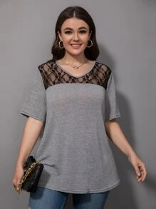大碼蕾絲拼接T恤 - 灰色 - 查看 3