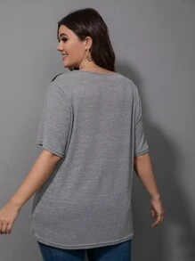 大碼蕾絲拼接T恤 - 灰色 - 查看 4