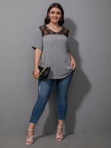 大碼蕾絲拼接T恤 - 灰色 - 查看 5