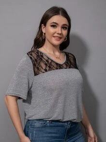 大碼蕾絲拼接T恤 - 灰色 - 查看 6