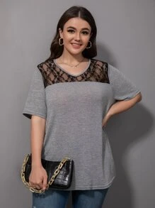 大碼蕾絲拼接T恤 - 灰色 - 查看 1