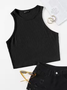 SHEIN EZwear Top tank tejido de canalé - Negro - Ver 1