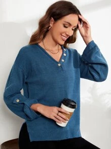 EMERY ROSE Roll Tab Sleeve Split Hem Jumper - Blue - View 1