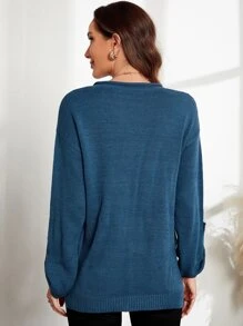 EMERY ROSE Roll Tab Sleeve Split Hem Jumper - Blue - View 2