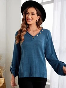 EMERY ROSE Roll Tab Sleeve Split Hem Jumper - Blue - View 6