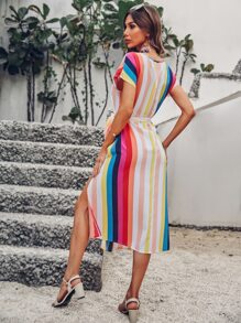 彩虹條紋蝙蝠袖高衩繫腰帶連衣裙 - 彩色 - 查看 2