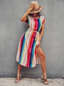 彩虹條紋蝙蝠袖高衩繫腰帶連衣裙 - 彩色 - 查看 3