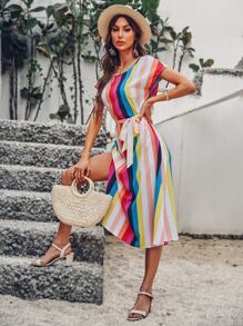 彩虹條紋蝙蝠袖高衩繫腰帶連衣裙 - 彩色 - 查看 4