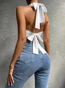 SHEIN Privé Tie Backless Asymmetrical Hem Halter Top - White - View 2