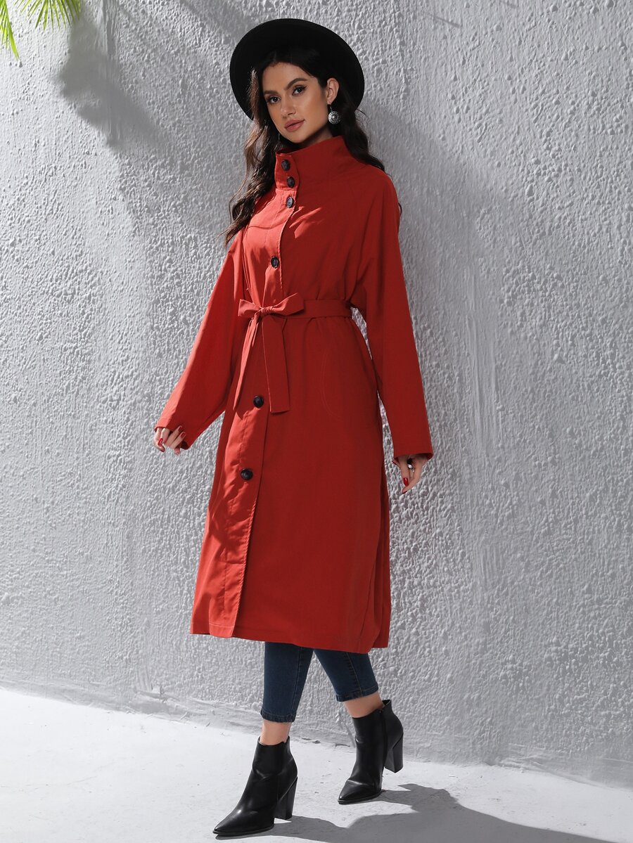 SHEIN Unity 插肩袖腰帶外套 - 紅色 - 查看 1