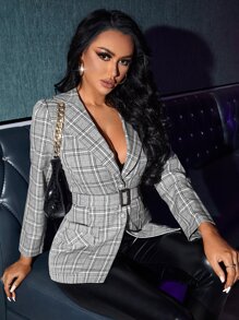 SHEIN SXY Áo khoác  âu phục nữ Thắt lưng Túi Nút phía trước Sọc ca rô Thanh lịch - Nhiều màu - Xem 1