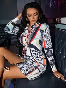 SHEIN SXY Đầm Thắt nơ trước Hoa Hình học Giải trí - Nhiều màu - Xem 1