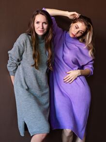 1pc Drop Shoulder Split Hem Sweater Dress - Grey - View 3