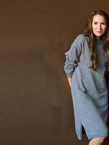 1pc Drop Shoulder Split Hem Sweater Dress - Grey - View 4