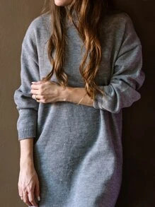 1pc Drop Shoulder Split Hem Sweater Dress - Grey - View 1