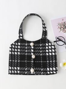 Girls Plaid Fake Button Halter Top - Black and White - View 1