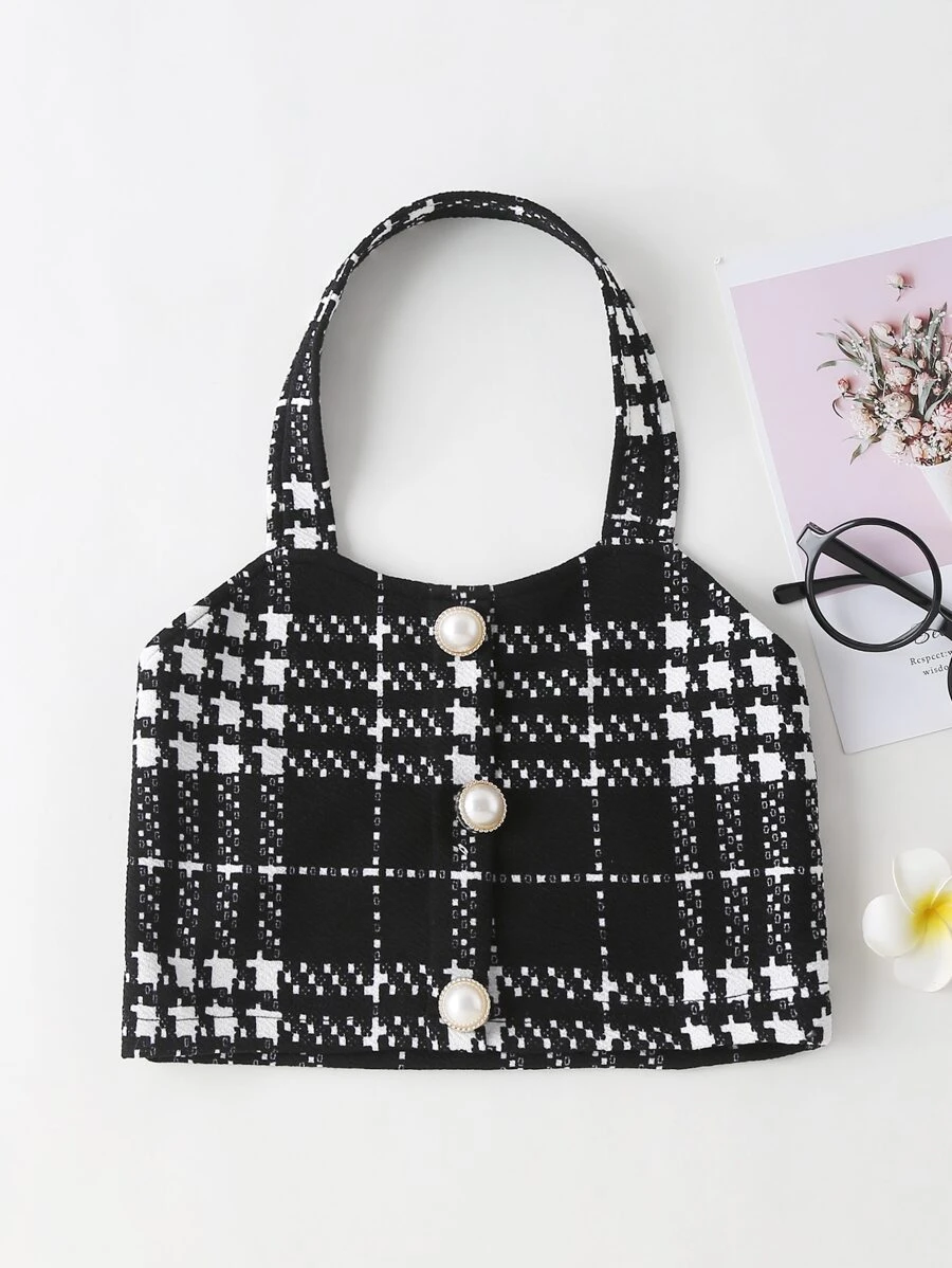 Girls Plaid Fake Button Halter Top - Black and White - View 1