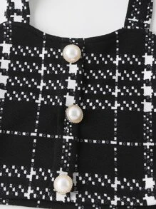 Girls Plaid Fake Button Halter Top - Black and White - View 4