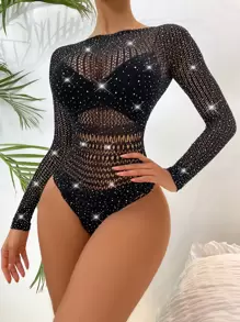 SuitURBody Rhinestone Studded Fishnet Teddy Bodysuit Without Lingerie