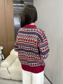 幾何圖案粗呢鈕扣落肩毛衣 - 彩色 - 查看 2