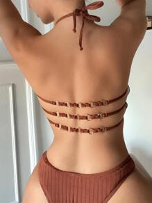 Solid High Cut Bikini For Summer Beach - Rust Brown - View 3