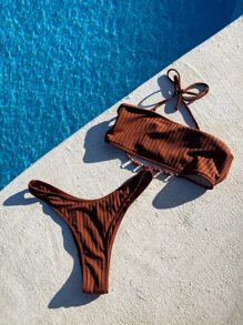 Solid High Cut Bikini For Summer Beach - Rust Brown - View 4