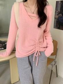 素色抽繩細節毛茸茸套頭衫毛衣 - 淺粉色 - 查看 3