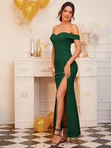 SHEIN Belle Foldover Off Shoulder Split Thigh Dress,Tea Party Dress,Summer Dresses For Women