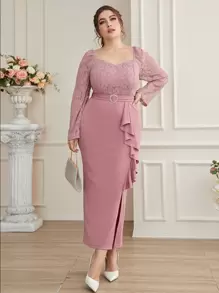 Modelyn Plus Sweetheart Neck Ruffle Trim Slit Hem Belted Lace Dress - Dusty Pink - View 1