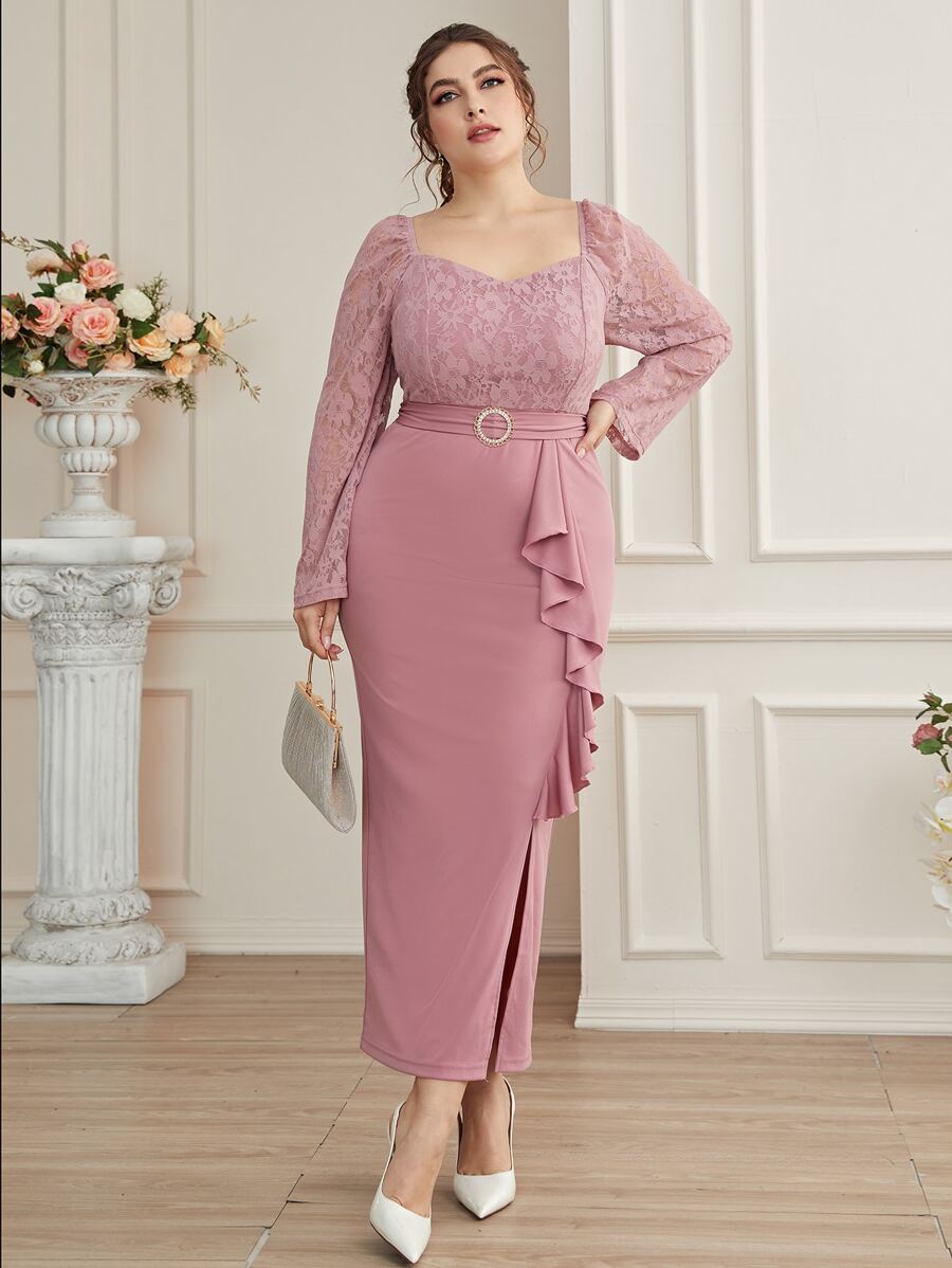 Modelyn Plus Sweetheart Neck Ruffle Trim Slit Hem Belted Lace Dress - Dusty Pink - View 1