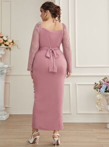 Modelyn Plus Sweetheart Neck Ruffle Trim Slit Hem Belted Lace Dress - Dusty Pink - View 2