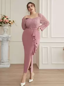 Modelyn Plus Sweetheart Neck Ruffle Trim Slit Hem Belted Lace Dress - Dusty Pink - View 3