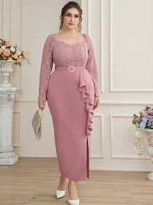 Modelyn Plus Sweetheart Neck Ruffle Trim Slit Hem Belted Lace Dress - Dusty Pink - View 5