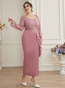 Modelyn Plus Sweetheart Neck Ruffle Trim Slit Hem Belted Lace Dress - Dusty Pink - View 6