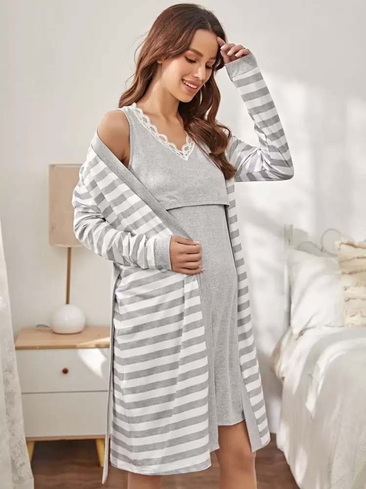 Moonlight&Mama Těhotenské kontrastní krajkové spací šaty a pruhovaný potisk s páskem, sada pro maminky, podzimní a zimní oblečení - Multicolor - Zobrazit 1
