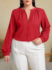 SHEIN Clasi 大碼素色缺口V領襯衫 - 紅色 - 查看 1