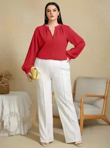 SHEIN Clasi 大碼素色缺口V領襯衫 - 紅色 - 查看 4