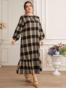 SHEIN LUNE Plus Plaid Lantern Sleeve Ruffle Hem Tie Neck Smock Dress - Multicolor - View 1