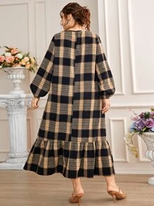 SHEIN LUNE Plus Plaid Lantern Sleeve Ruffle Hem Tie Neck Smock Dress - Multicolor - View 2
