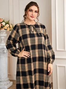 SHEIN LUNE Plus Plaid Lantern Sleeve Ruffle Hem Tie Neck Smock Dress - Multicolor - View 6