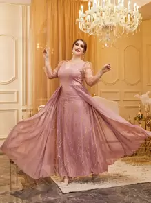Modelyn Vestido de vestir estampado dorado de manga farol - Rosa vieja - Ver 1