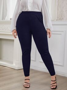 SHEIN Clasi Quần Plus Size Túi màu trơn Thanh lịch - Màu xanh hải quân - Xem 3