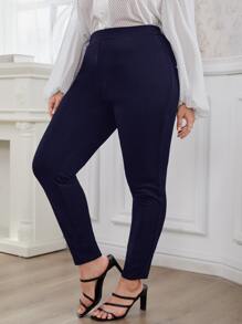 SHEIN Clasi Quần Plus Size Túi màu trơn Thanh lịch - Màu xanh hải quân - Xem 4