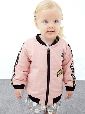 YINGZIFANG 小女童拉鏈開襟貼布細節卡通圖案飛行員夾克