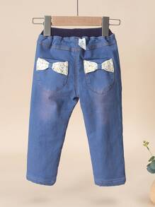 YINGZIFANG 小女童字母刺繡小碎花蝴蝶結細節長褲 - 藍色 - 查看 2