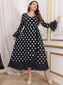 Đầm Plus Size Viên lá sen Trọn gói Chấm bi Thanh lịch - Đen và trắng - Xem 1