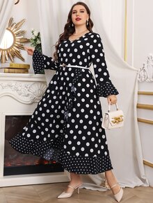 Đầm Plus Size Viên lá sen Trọn gói Chấm bi Thanh lịch - Đen và trắng - Xem 4