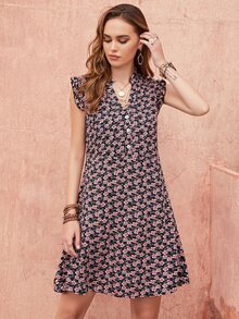 Rusttydustty 缺口領荷葉邊不附腰帶花卉連衣裙 - 彩色 - 查看 4